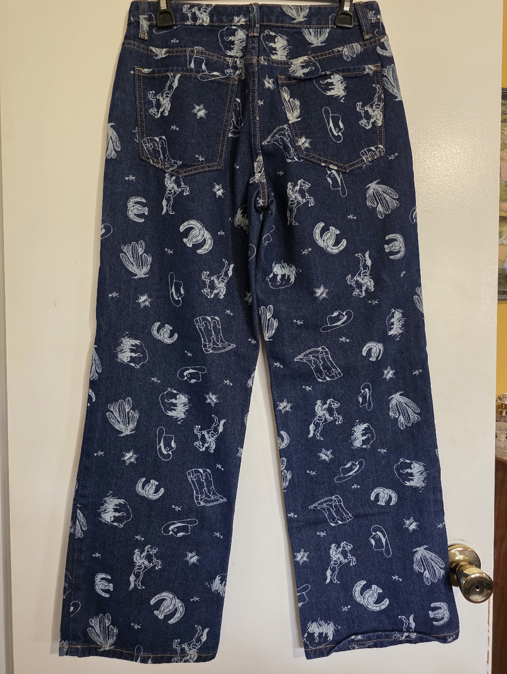 Calu 1850 Western Print Dark Blue Denim Wide Leg Jeans - Picture 4 of 17